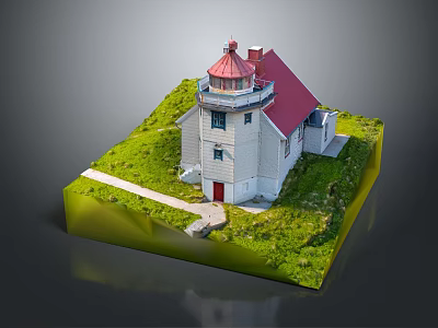 White Lighthouse Building With Red Roof Tower Green Grass And Pathway 3d model