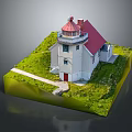White Lighthouse Building With Red Roof Tower Green Grass And Pathway