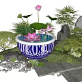 Garden Ornament With Blue and White Ceramic Basin Lotus Flowers Leaves Moss and Stones