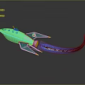 Flying 3D Green Red Spaceship Model With Blue Flame And Reflection