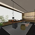 Traditional Tea Room Interior With Wooden Table Tea Sets And Hanging Lantern