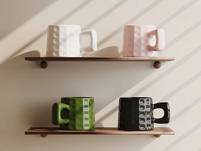 Colorful Ceramic Mugs in White Pink Green Black on Two Wooden Shelves 3d model
