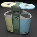Public Dual Compartment Trash Bin With Yellow Blue Green Sections And Recycling Symbol