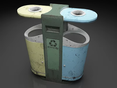 Public Dual Compartment Trash Bin With Yellow Blue Green Sections And Recycling Symbol 3d model