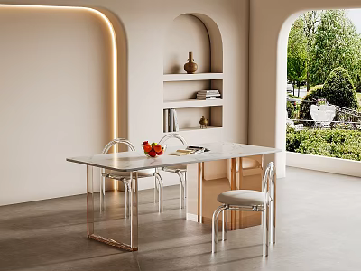 Modern Dining Room Interior With White Table Metal Chairs Shelves And Garden View 3d model