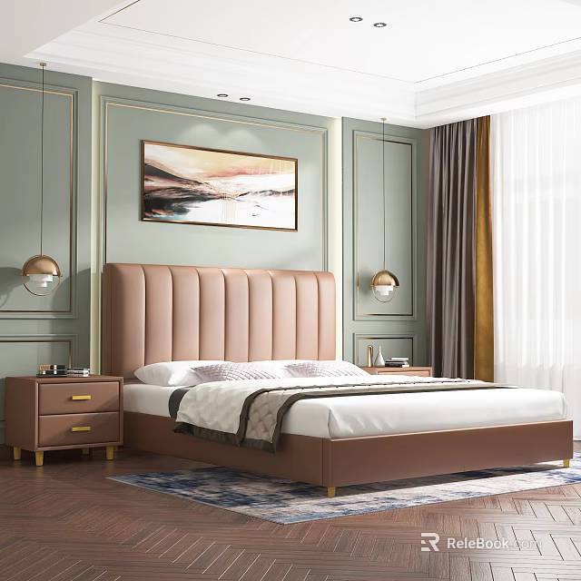 Modern Bedroom With Upholstered Double Bed And Nightstands 3d model