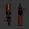 Two Red Mechanical Devices with Pipes Wheels and Industrial Structure
