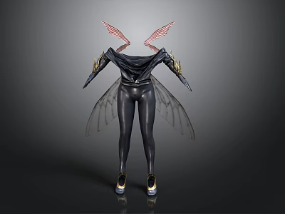 Futuristic Character In Black Bodysuit With Pink Transparent Wings And Golden Shoulders 3d model