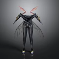 Futuristic Character In Black Bodysuit With Pink Transparent Wings And Golden Shoulders