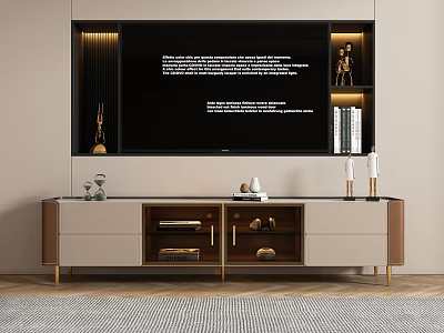 Modern TV Cabinet With Wood Frame White Drawers Shelves And Decorative Items 3d model