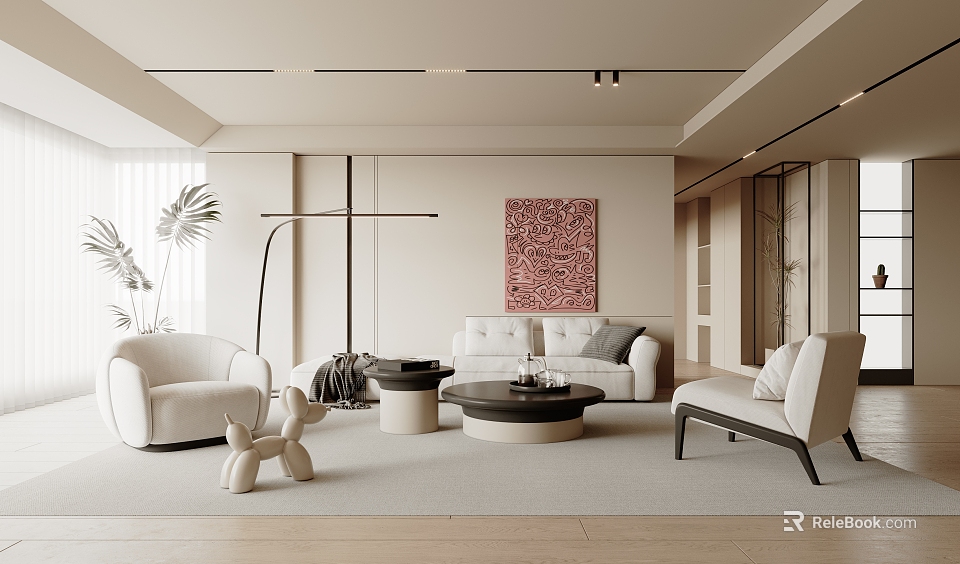 Modern Living Room Interior With White Sofa Round Coffee Table Floor Lamp Pink Artwork And Green Plant 3d model 