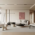 Modern Living Room Interior With White Sofa Round Coffee Table Floor Lamp Pink Artwork And Green Plant