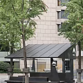 Modern M Stand Architectural Space With Black Roof Trees And Outdoor Bench Pedestrians