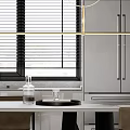 Modern Kitchen Interior With White Cabinets Island Dining Table Chairs Windows Shutters And Pendant Light