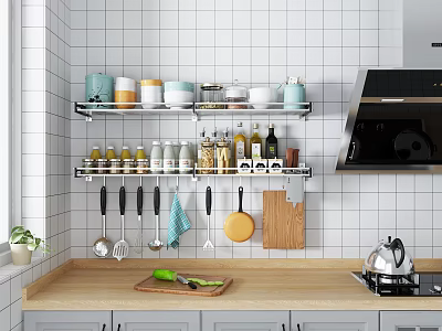 Organized Kitchen Wall Cabinets With Open Storage Shelves Spices And Cooking Utensils 3d model