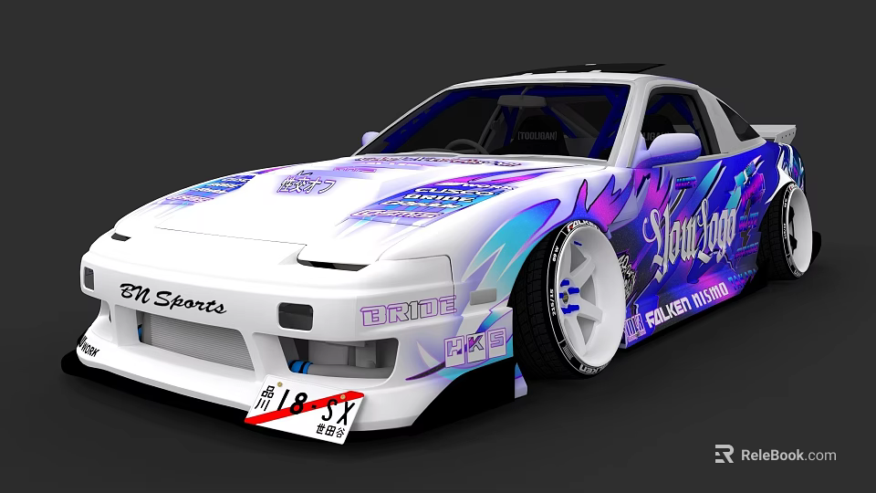 Custom Modified Car With Purple Blue Flame Graffiti And Racing Stickers 3d model 