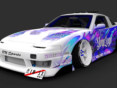 Custom Modified Car With Purple Blue Flame Graffiti And Racing Stickers 3d model