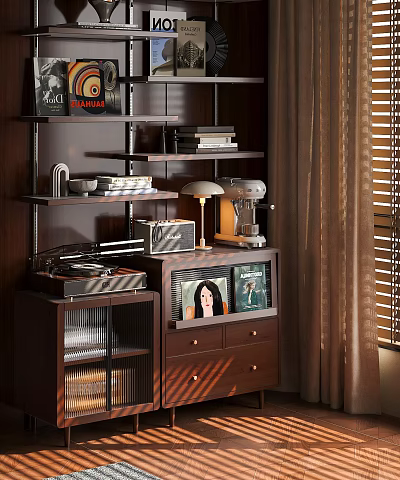Modern Wooden Storage Cabinet With Drawers Shelves And Decorative Items 3d model