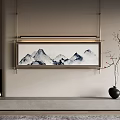 Chinese Ink Style Landscape Painting With Mountain Peaks Hanging Above Modern Fireplace
