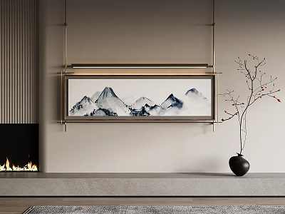 Chinese Ink Style Landscape Painting With Mountain Peaks Hanging Above Modern Fireplace 3d model