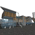 Modern Commercial Street Featuring Contemporary Architecture Large Glass Windows Trees And Pedestrians