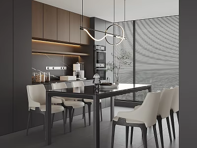 Modern Restaurant Interior With Open Kitchen Dining Table And Chairs 3d model