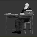 Game Movie Character White Haired Bearded Sitting At Wooden Desk With Stacked Papers And Books