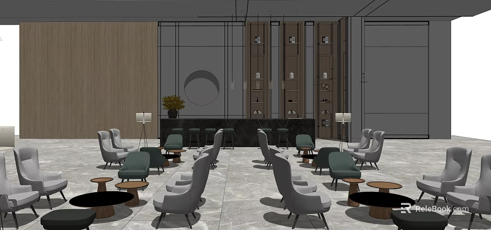 Modern Sales Office Interior Design With Comfortable Seating Lounge Area Green Plant And Display Shelves 3d model 