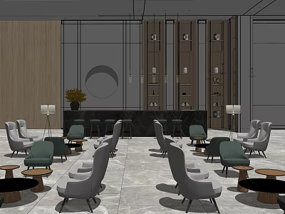 Modern Sales Office Interior Design With Comfortable Seating Lounge Area Green Plant And Display Shelves 3d model