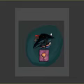 Cute Blue Haired Creature Character Sitting Holding Pink Box with Yellow Decoration in Cartoon Style