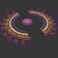 Curved Tables With Wooden Finish And Chairs Arranged Around Decorative Circular Centerpiece
