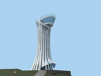 Sleek Modern Tower Featuring Streamlined White Structure And Glass Observation Deck On Green Grass 3d model