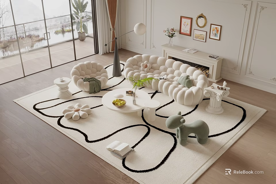 Modern Sofa Coffee Table Combination With Soft Cushions Green Plant And Decorative Rug 3d model 