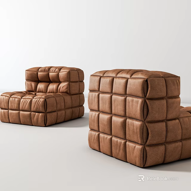 Brown Lazy Sofa With Square Tufted Design For Modern Cozy Living Room 3d model 