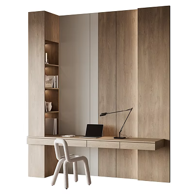 Minimalist Wooden Desk Interior With Bookshelf White Chair Laptop And Table Lamp 3d model
