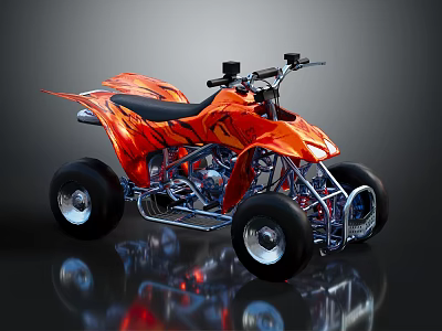 Orange Sporty ATV With Flame Graphics Black Seat And Silver Metal Frame 3d model
