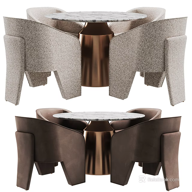 Elegant Dining Table Set With Upholstered Chairs Round Marble Top Copper Base 3d model 