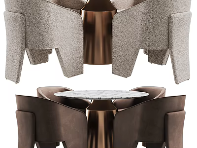 Elegant Dining Table Set With Upholstered Chairs Round Marble Top Copper Base 3d model