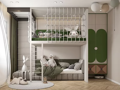 Playful Kids Room Interior With Loft Bed Ladder Stuffed Rabbit Toys And Green Cabinet 3d model