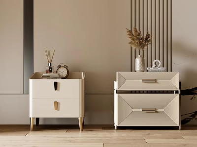 Modern Bedside Tables with White Drawers Gold Handles Alarm Clock Aromatherapy Books and Decorative Vase 3d model