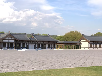 Traditional Ancient Architecture Featuring Classic Roof And Stone Courtyard Under Blue Sky With White Clouds 3d model