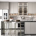 Modern Kitchen Interior Design With Marble Island Counter Bar Stools Glass Cabinets And Green Plant