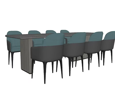 Modern Dining Table Set With Long Wooden Table And Blue Backrest Dark Leg Chairs 3d model
