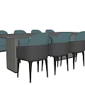 Modern Dining Table Set With Long Wooden Table And Blue Backrest Dark Leg Chairs