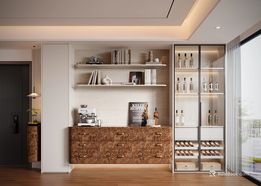 Modern Wooden Decorative Cabinet With Coffee Machine Shelves Books And Glass Door Wine Rack 3d model 