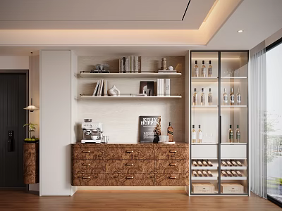 Modern Wooden Decorative Cabinet With Coffee Machine Shelves Books And Glass Door Wine Rack 3d model
