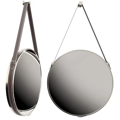 Hanging Round Mirrors With Metallic Frame And Black Straps For Home Decor 3d model