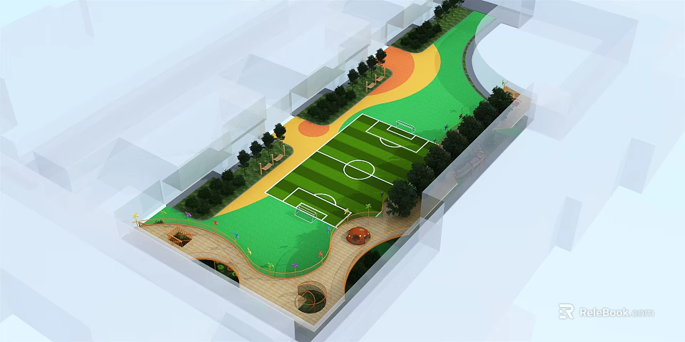 Outdoor Sports Field Layout With Football Pitch Green Zones Trees And Colorful Sections 3d model 