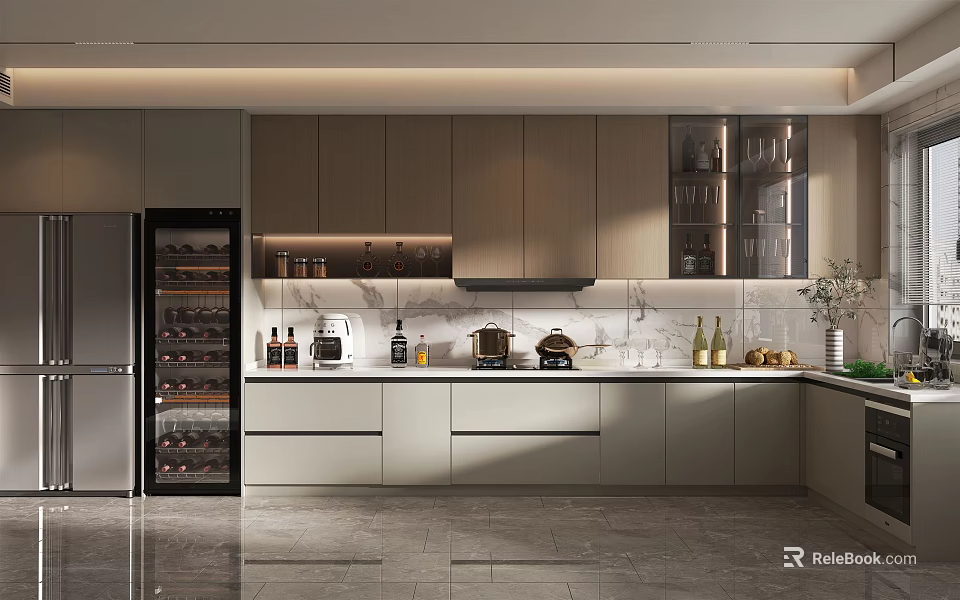 Modern Kitchen Interior With Sleek Cabinets Wine Cooler And Countertop Appliances 3d model 