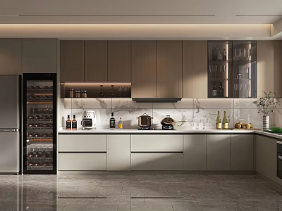 Modern Kitchen Interior With Sleek Cabinets Wine Cooler And Countertop Appliances 3d model